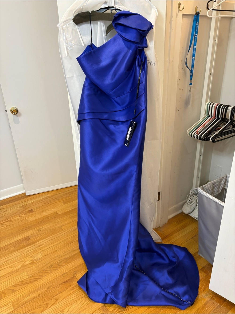 One-Shoulder Royal Blue Satin Evening Gown
